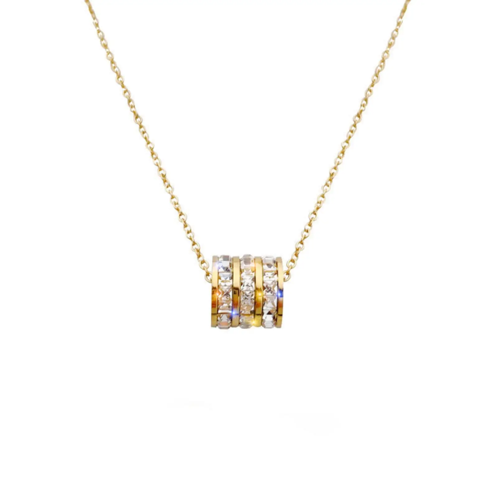 Dreireihige Kubische Zirkonia Zylinder-Anhänger Halskette Edelstahl Fassperlen Schlüsselbeinkette Damen Modeschmuck Geschenk – Detail 2
