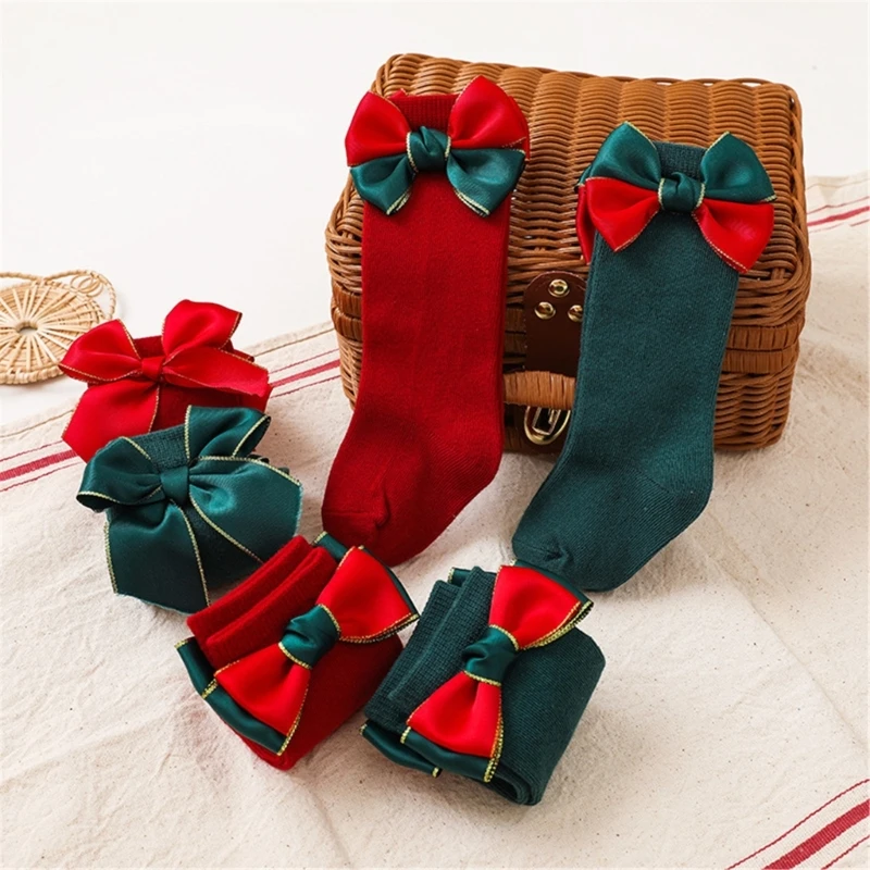 Baby Girls Christmas Socks Kids Big Bow Red Knee High Long Socks Soft Cotton Children Sock Newborn Gift Socken For 0-5 Years