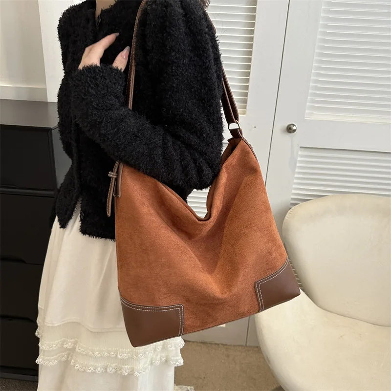 Women Large Capacity Frosted Suede Shoulder Underarm Bag Fashionable Patchwork Contrast Color Tote Bags Travel Messenger Bag