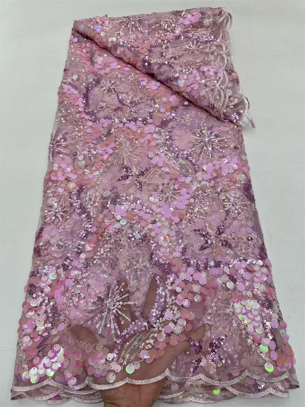 Tela de encaje africano 5 yardas de alta calidad 2025 tela de encaje blanco con bordado de lentejuelas vestido de fiesta de boda nigeriano de lujo H54-1