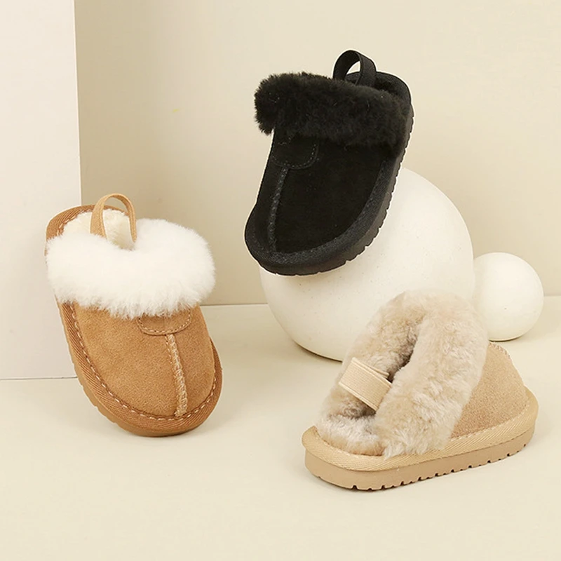 Botas de neve de couro genuíno infantil, sólido quente, raso, meninos, meninas, criança, casual, sapatos com pelúcia grossa, inverno