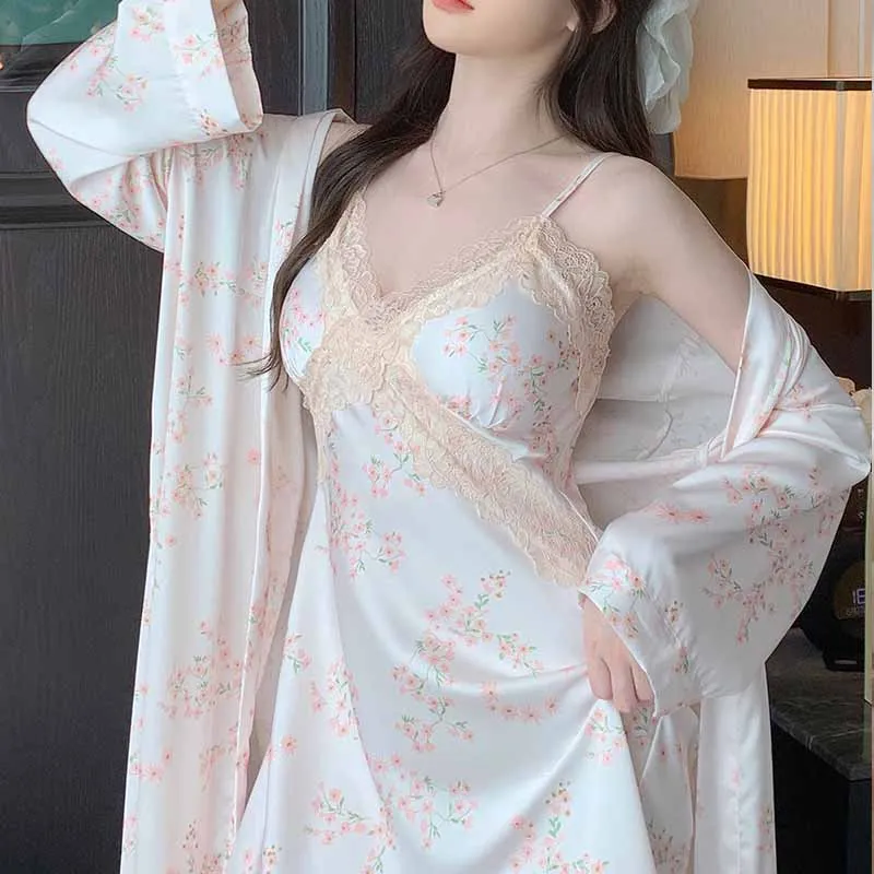 Female Nighty&Robe Set Print Flower Kimono Bathrobe Gown Sleepwear Gown Satin Loungewear Spring Summer Nightgown Home Dressing