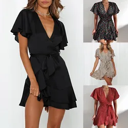 Ruffle Short Sleeve Lace Summer Deep V Neck Mini Female Elegant Sexy Dresses  Party Night Holiday Vestidos Evening Prom