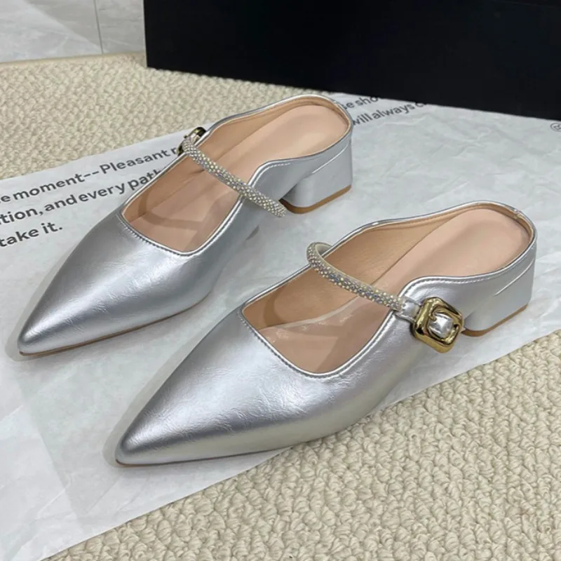

Summer Chunky Slippers for Women Fashion Pointy Shallow-cut Sequin Metal Buckle Set Foot Anti-slip Wear-resistant Sandals