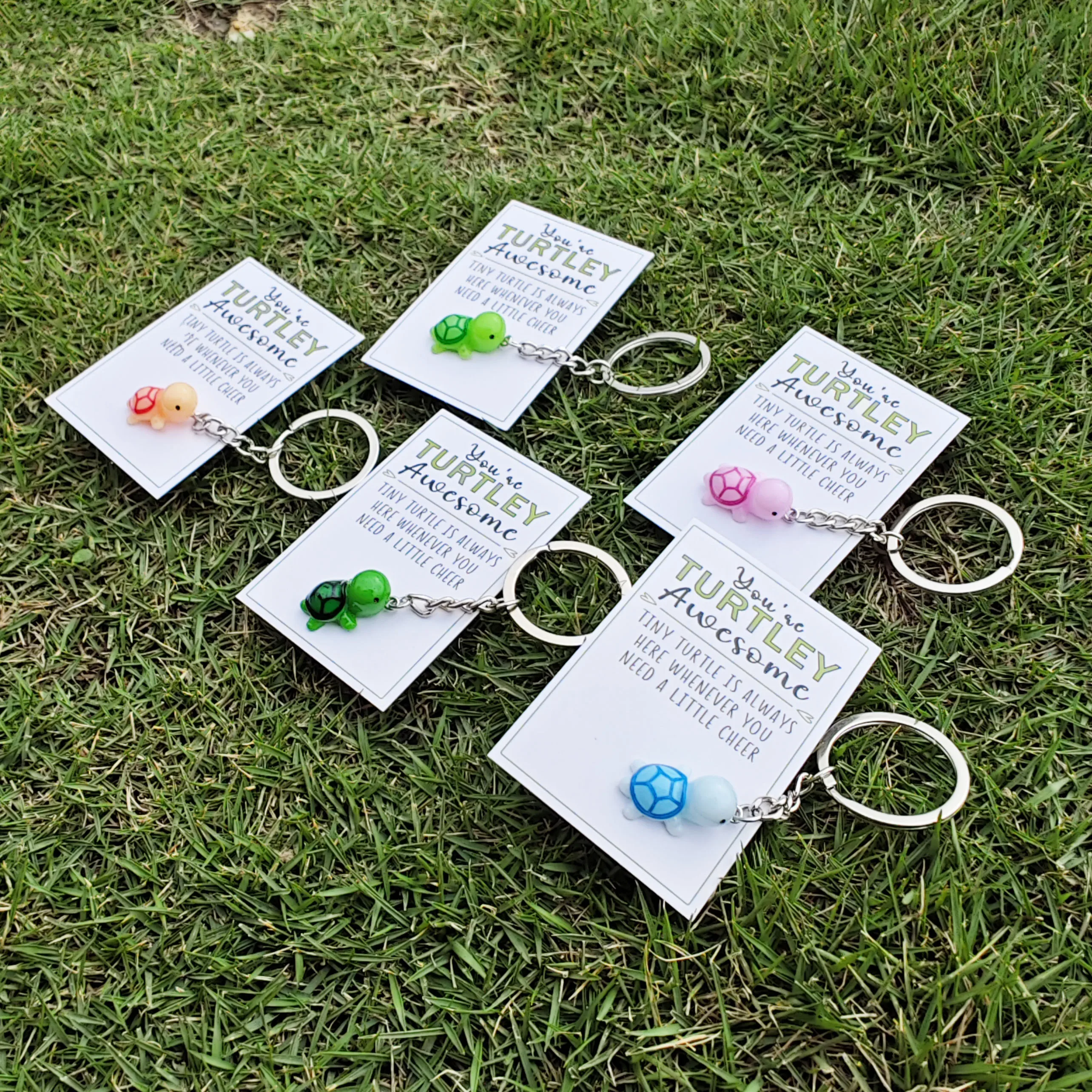 10 items Mini Turtle Hug Cards Key Ring with Inspirational \