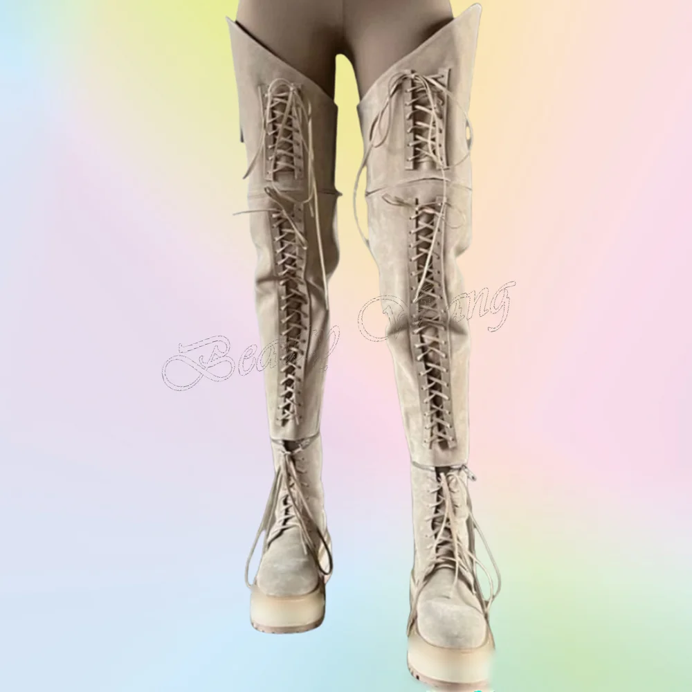 Beige Front Cross Tied Boots Thigh High Platform Round Toe Long Shoes High Heel Shoes for Women Shoes 2025 Zapatos Para Mujere