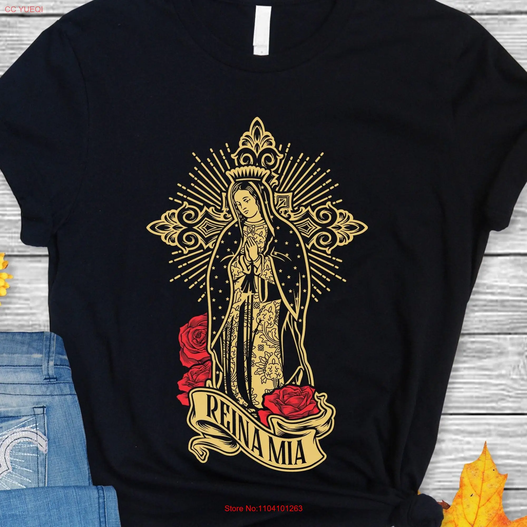 Camiseta de lona de Nuestra Señora de Guadalupe Virgen de Bella, camisa negra de manga larga o corta, 3001