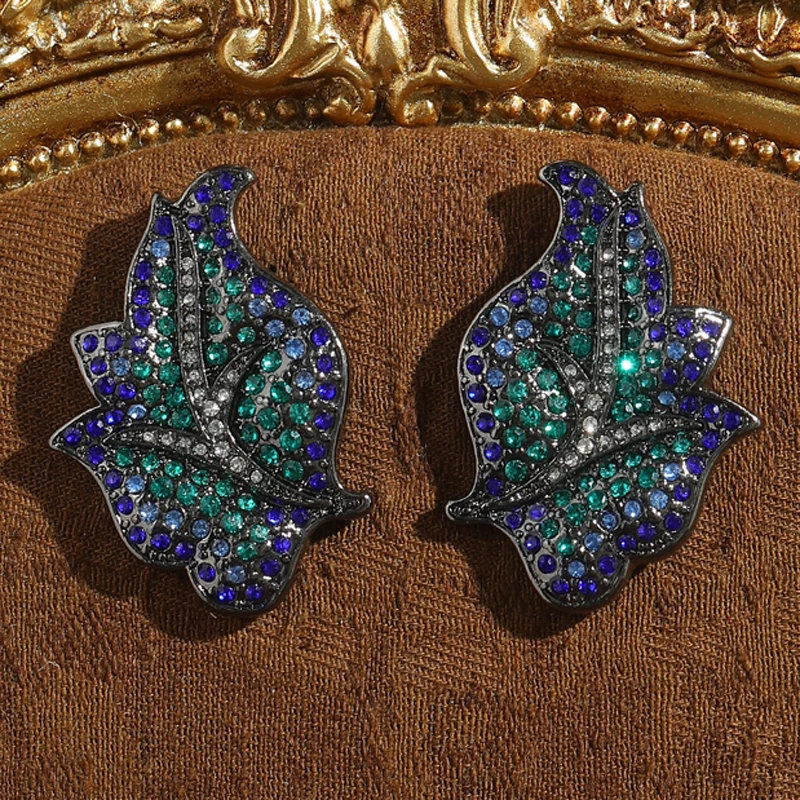 

Vintage Rhinestones Crystal Leaf Earrings Stud Blue Green Antique Accessories For Women Wedding Luxury Quality Jewelry New 2025