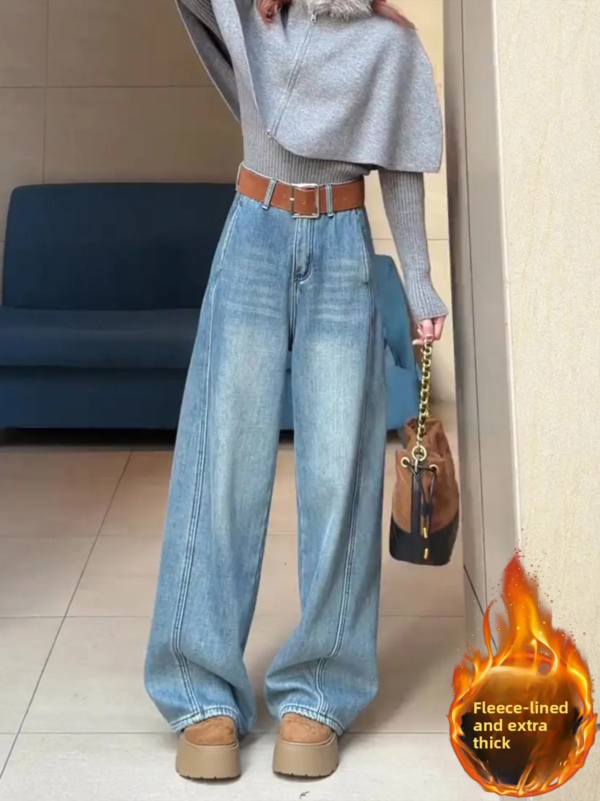 

Синие джинсы с широкими штанинами и подкладкой, женские, с высокой талией, стройнящие, весенние, новые, повседневные, свободного кроя, длиной в пол, из денима.