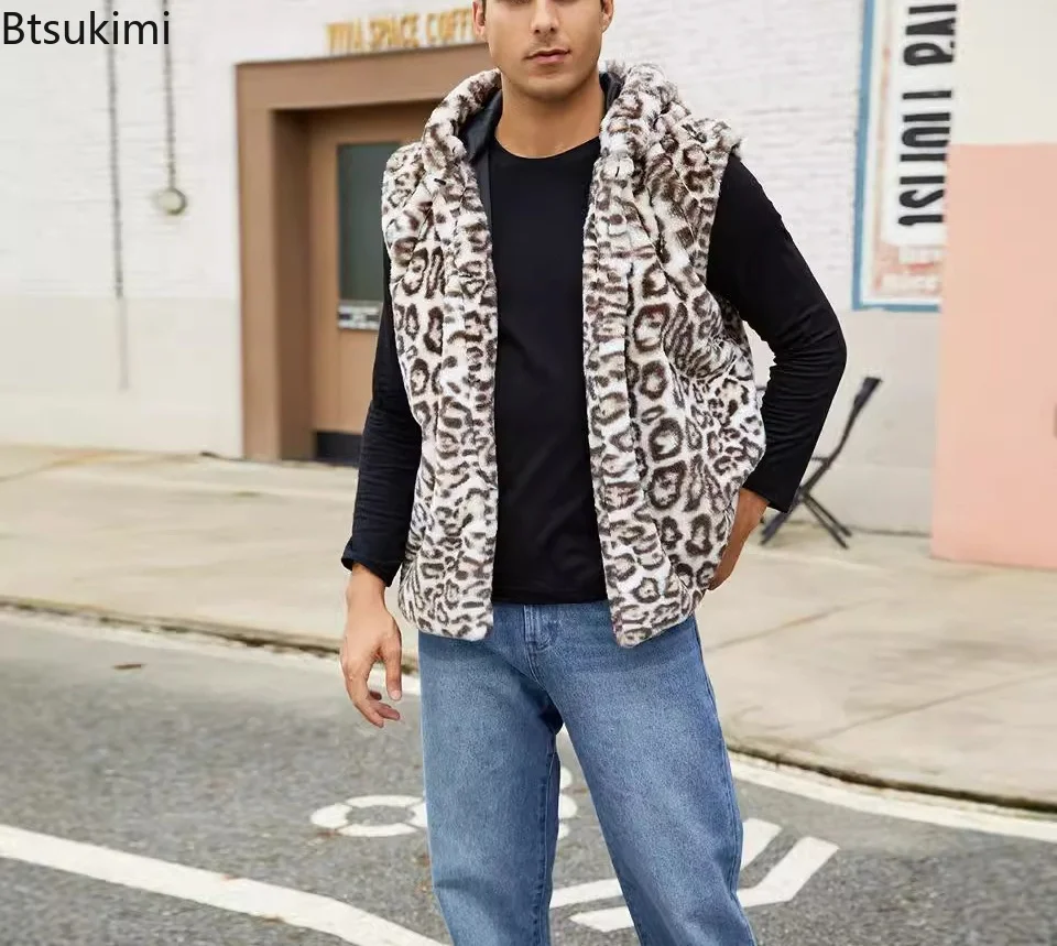 New Men Faux Fur Leopard Print Hooded Vest Sleeveless Waistcoat Plush Warm Thick Casual Streetwear Fuzzy Soft Outerwear for Male