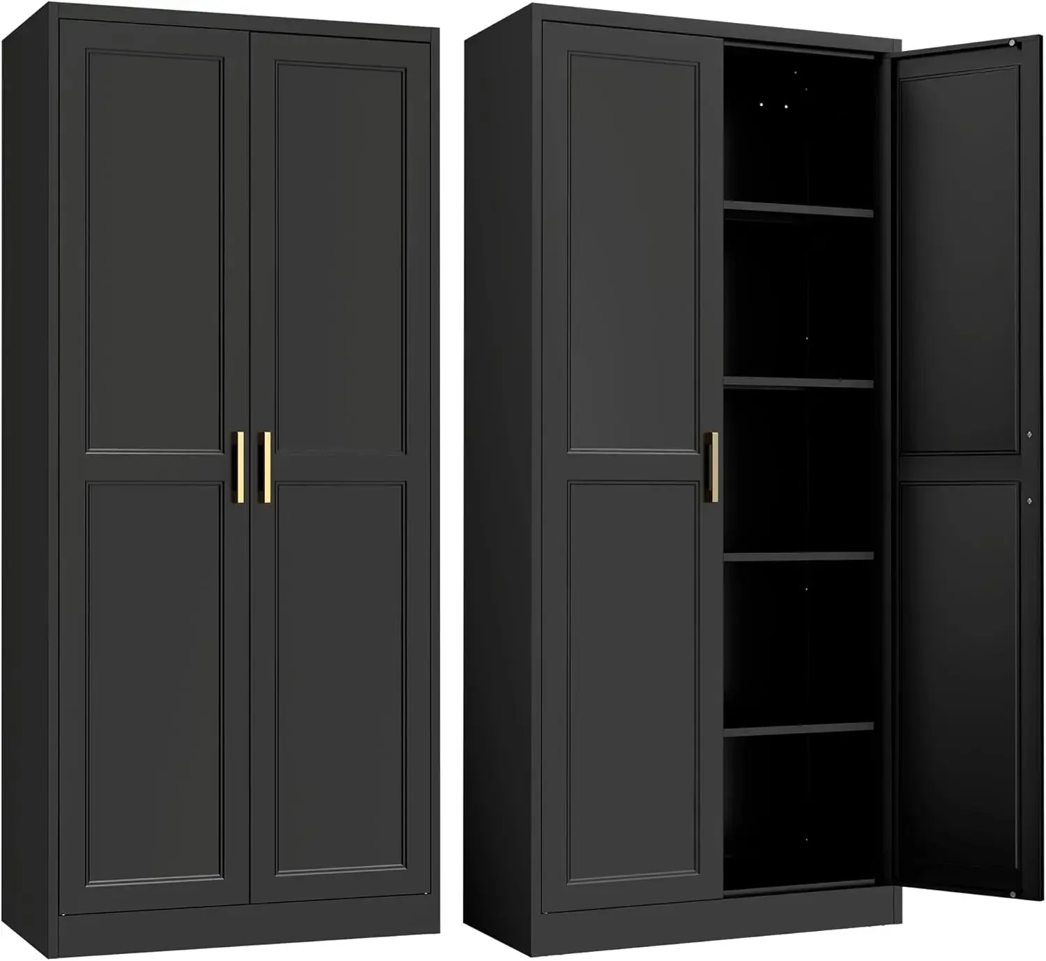 

Tall Black Metal Pantry Cabinet with Adjustable Shelves and Gold Handles for Kitchen Livingroom Bathroom