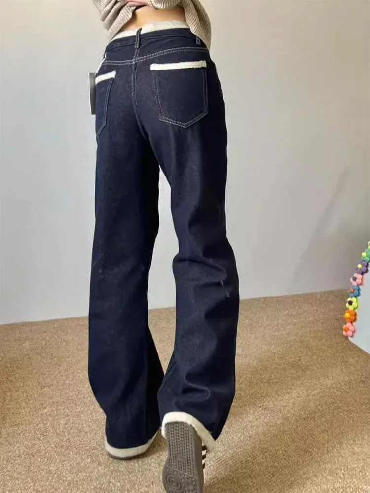 Plus size feminino Thiened Fce forrado jeans de perna larga cintura alta emagrecimento vintage azul retalhos calças compridas casuais