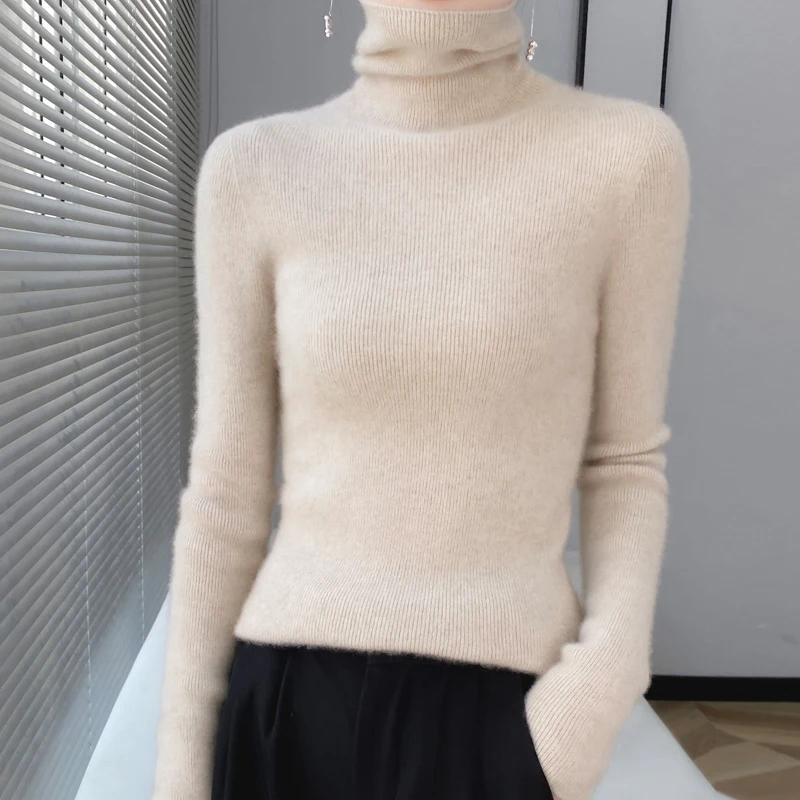 Women Heaps Collar Turtleneck Wool Sweaters Autumn Winter Slim Pullover Basic Tops Casual Soft Knit Sweater Elastic Warm Jumper