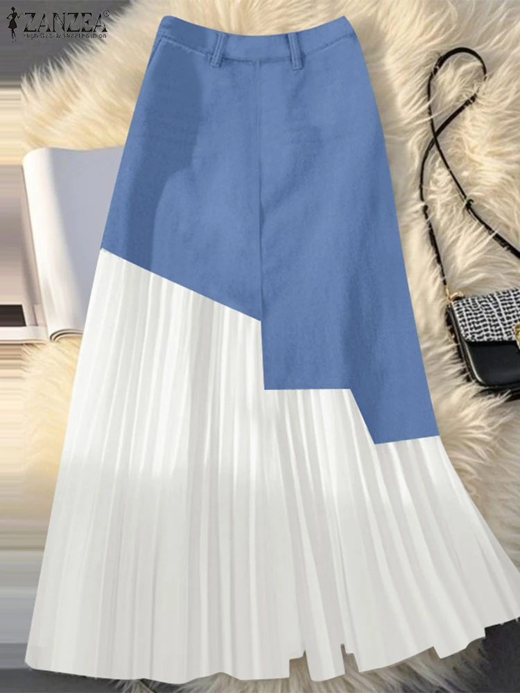 

ZANZEA модные нерегулярные джинсовые лоскутные макси-юбки женские эластичные с высокой талией трапециевидной формы плиссированные длинные Jupes Femme стильные Falda