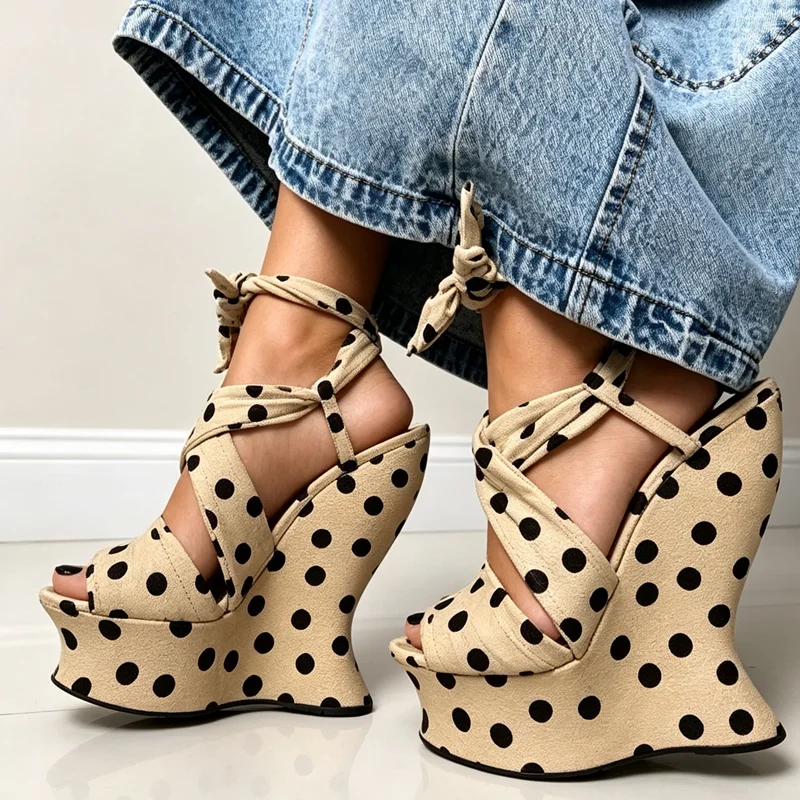 Polka Dot Platform Wedges Sandals Sexy Pointed Toe Mixed Colors Lace Up Customized New Arrivals Fashion Women Modern Shoes