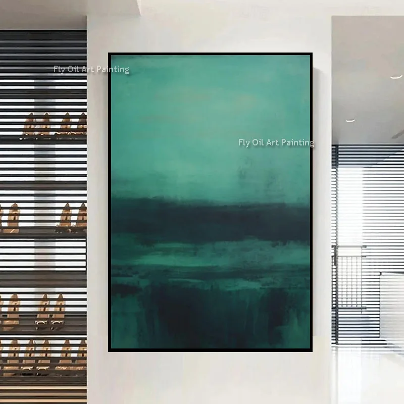 Handmade Simplism Design Artwork Black And Grass Green Canvas Oil Painting New Original Wall Art Decor For Room Blue Green Art
