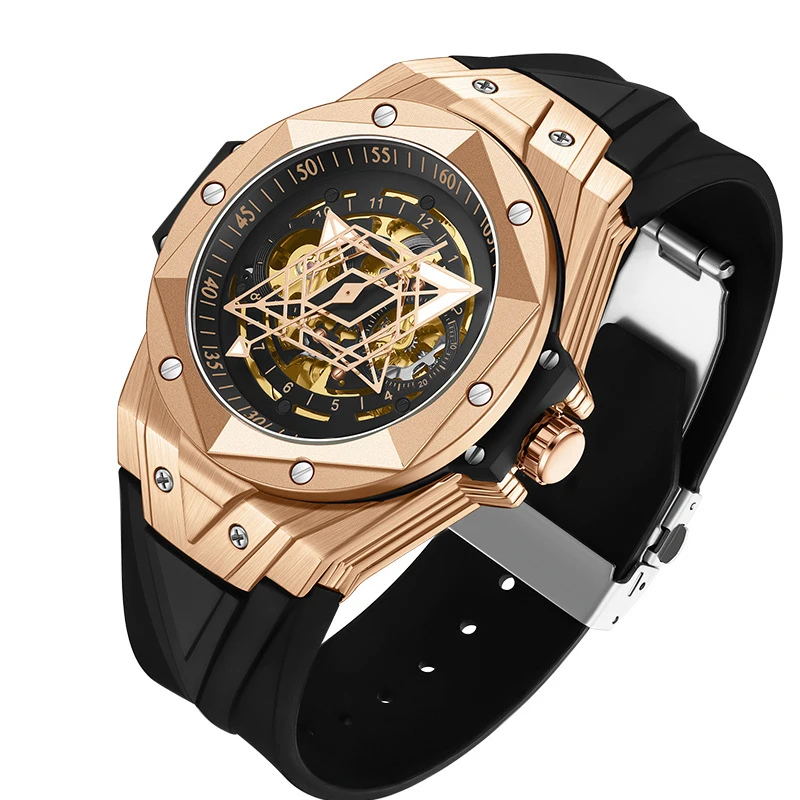 SANDA7014 ساعة عمل رجالية راقية مقاومة للماء هندسية مجوفة مضيئة موضة ساعة ميكانيكية أوتوماتيكية بالكامل