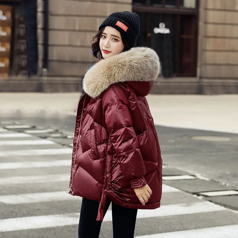 With Cap Big Hair Collar Down Jacket 2023 Winter New Fashion Outwear Wine Red Coat Small Medium Long White  Jacket Female Parkas