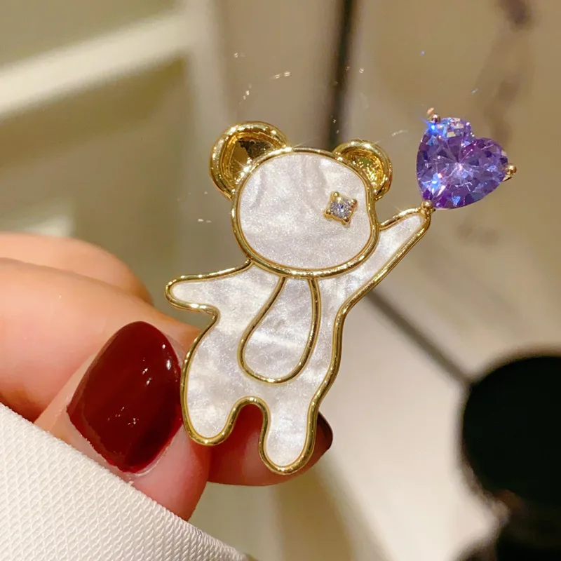 French Violet Love-heart Cubic Zirconia Confession Balloon Cute Bear Brooches for Women Fashion Exquisite Design Corsage Pin