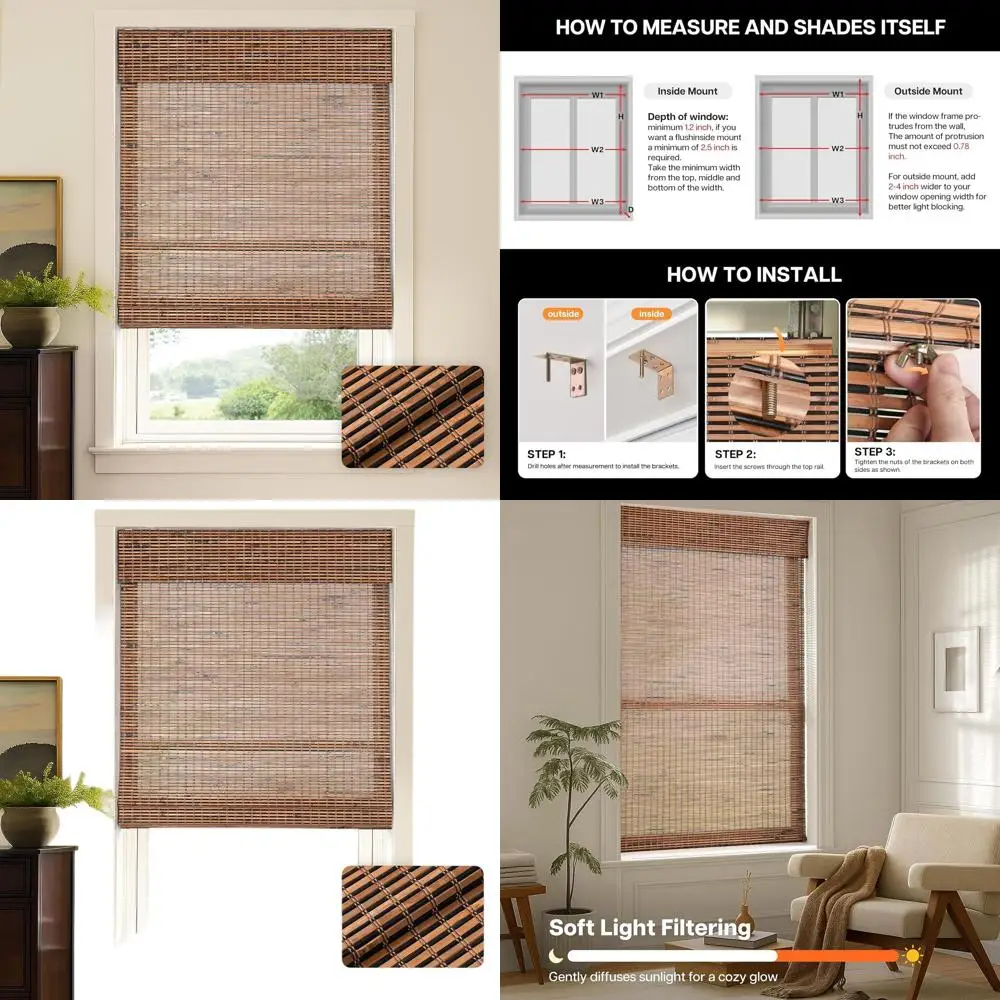 

Light Filtering Bamboo Roman Shades, Cordless Design for Living Spaces, 23.5W x 64H, Tatami Style