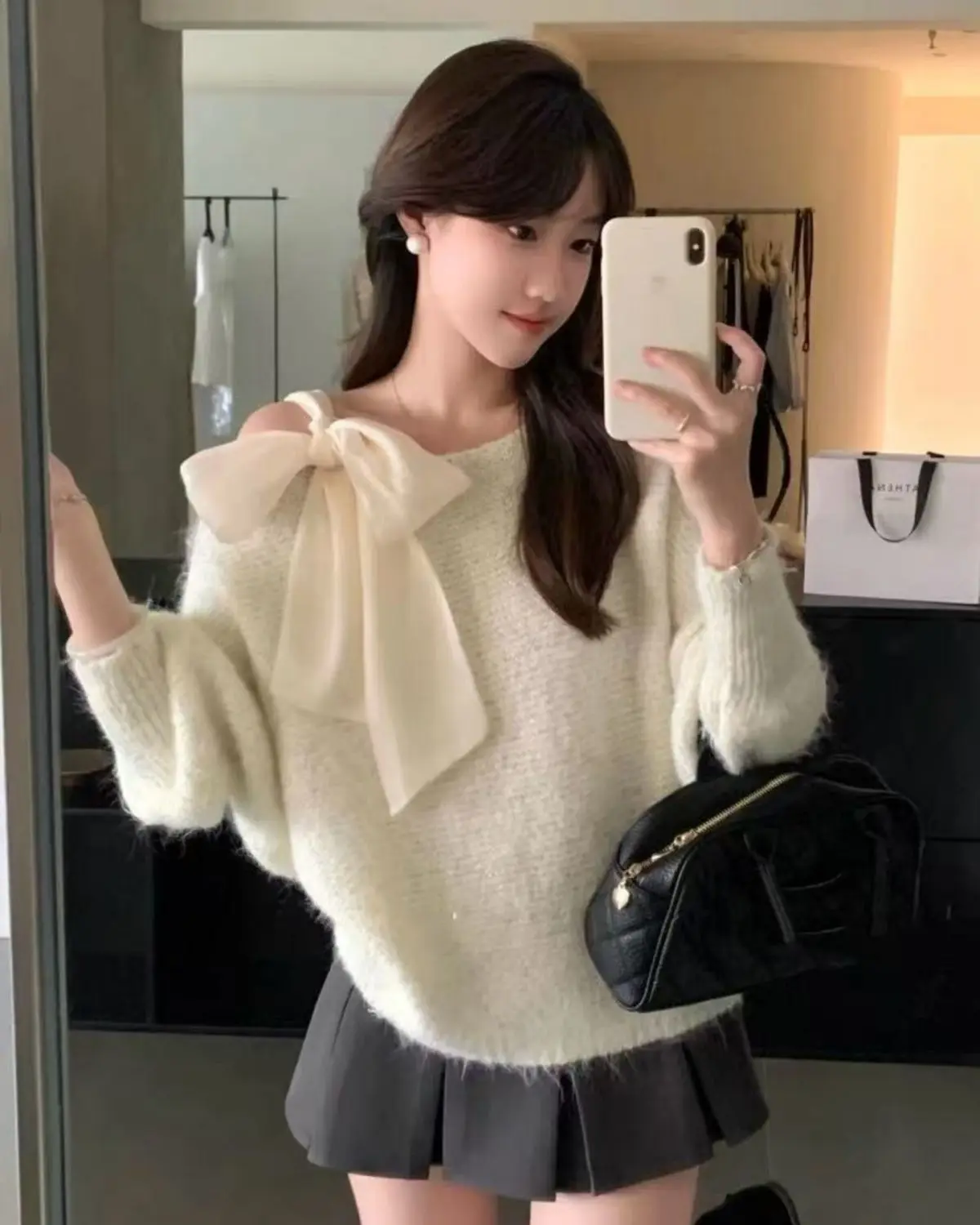 Sweet Cute Bow Knot Off Shoulder Loose Sweater Blouse Beige Purple Knitted Jumper Tops Korean Stylish Young Women Winter Clothes