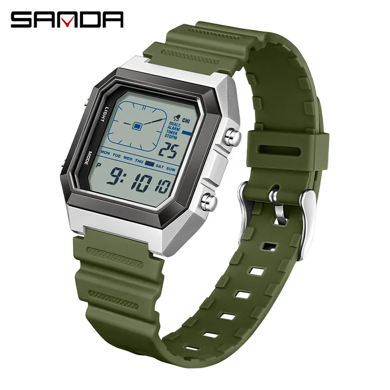 SANDA New 6307Multi functional Electronic Watch Men's 5ATM Waterproof, Shockproof, and Fall proof Fashionable Square Youth Watch