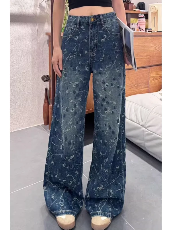 

Faionable Embroidered Cherry Design Jeans Versatile High Waist Wide Leg Pants Commute Sle Wear Resistant Blue Denim