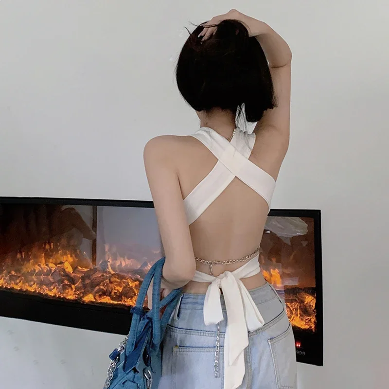 Summer Versatile Interior Hollow Hanging Neck Deep V-neck Solid Color Exposed Navel And Backless Short Style Crop Tops