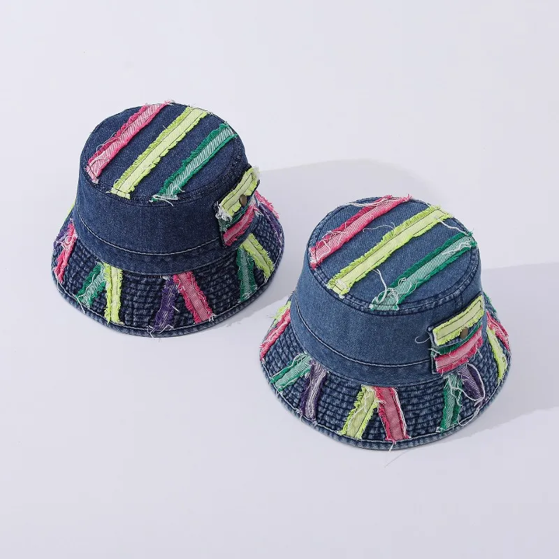 Denim Bucket Hat Side Pocket Colorful Frayed Strips Cargo Fishermans Cap Distressed Y2K Hip Hop Sun Basin Hats Men Women