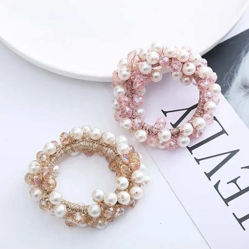 Pearl Rhinester Hair Rope Round Ball Head Ring Wrinkled Intestine Ring Women Ponytail Rubber Band Fashion Scrunchies