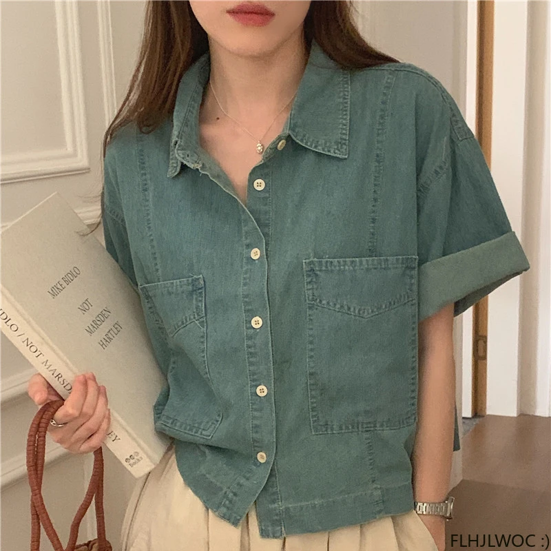 Cotton Denim Shirt 2023 New Design Temperament Women Blouses Office Lady Solid Blue Jeans Single-Breasted Button Shirts FLHJLWOC