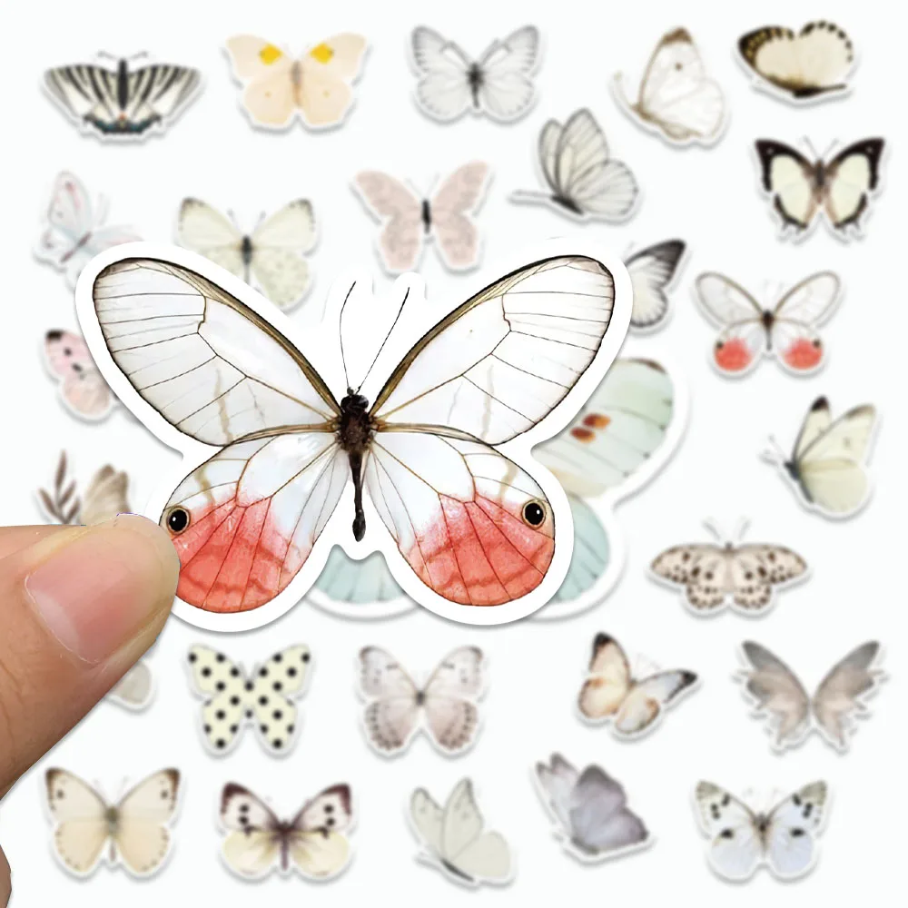 50PCS Retro White Butterfly Series Stickers Cartoon INS Style Aesthetics Decals For Laptop Refrigerator Scrapbook Skateboards St