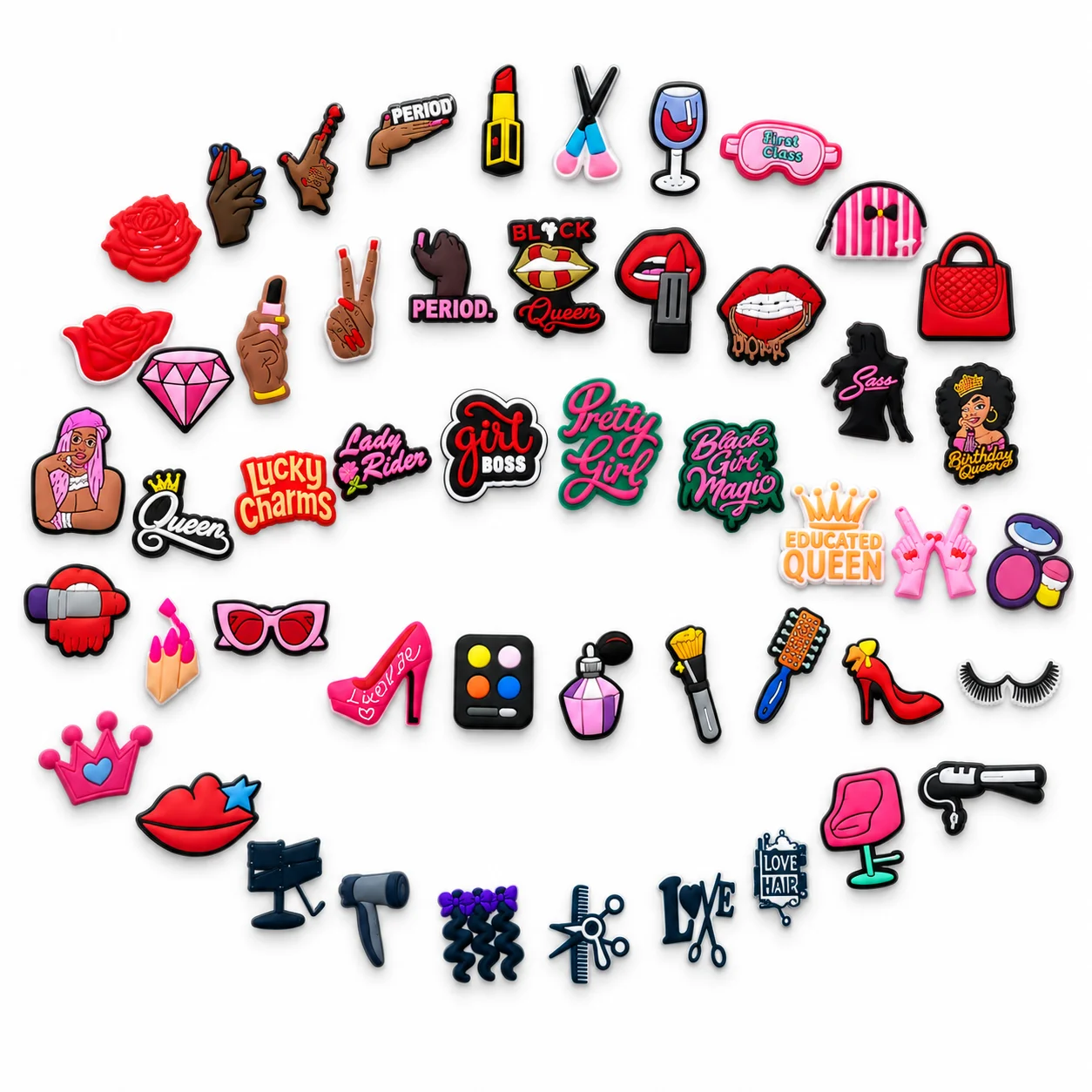 50pcs Sassy Girl Shoe Charms Set Queen Lipstick PVC Pins for Clogs Fashion Accessories Gift for Women Girls Teens Black Girl Mag