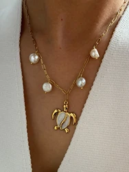 Peri'sbox High Quality Unique White Enamel Turtle Natural Freshwater Pearls Pendant Necklace for Women Stainless Steel Accessory