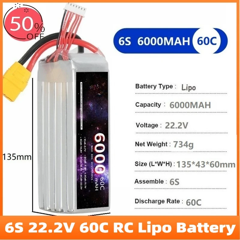 

5600mAh-7200mAh 6S 22.2V 60C RC Lipo Battery Rechargeable Battery for RC Car FPV Truck Helicopter with XT60 XT90 Connector