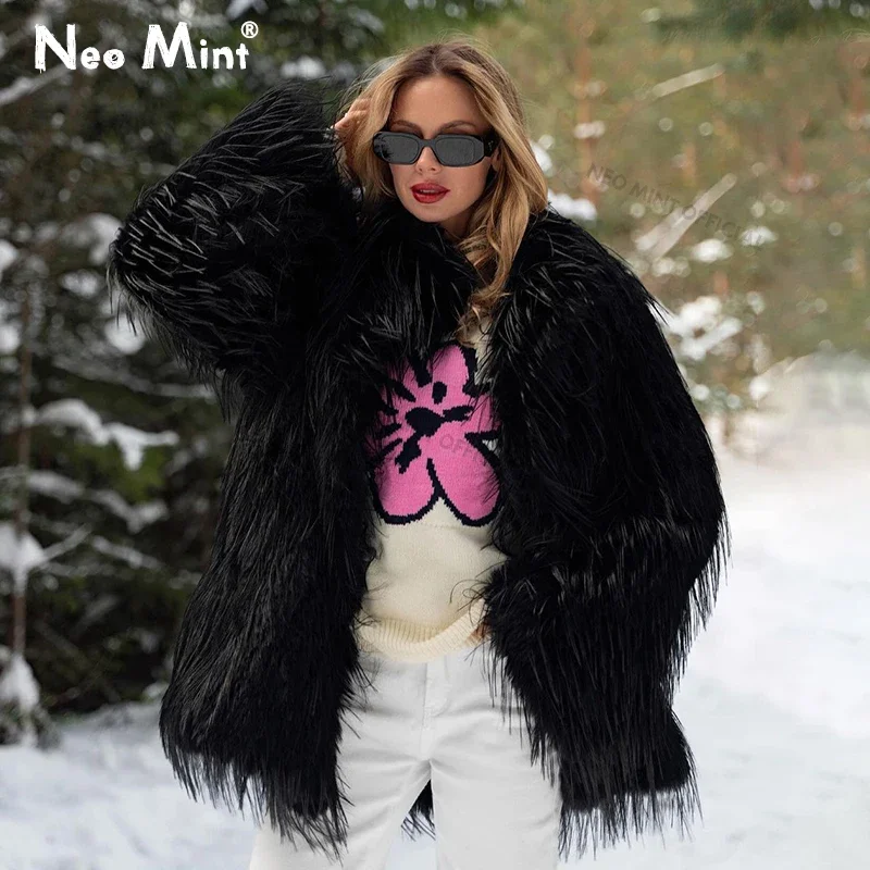 Neo Mint 2024 Winter Furry Faux Fur Coat Long Women Luxury Brand Tassels Fluffy Fur Jacket Female Streetwear Super Warm Overcoat