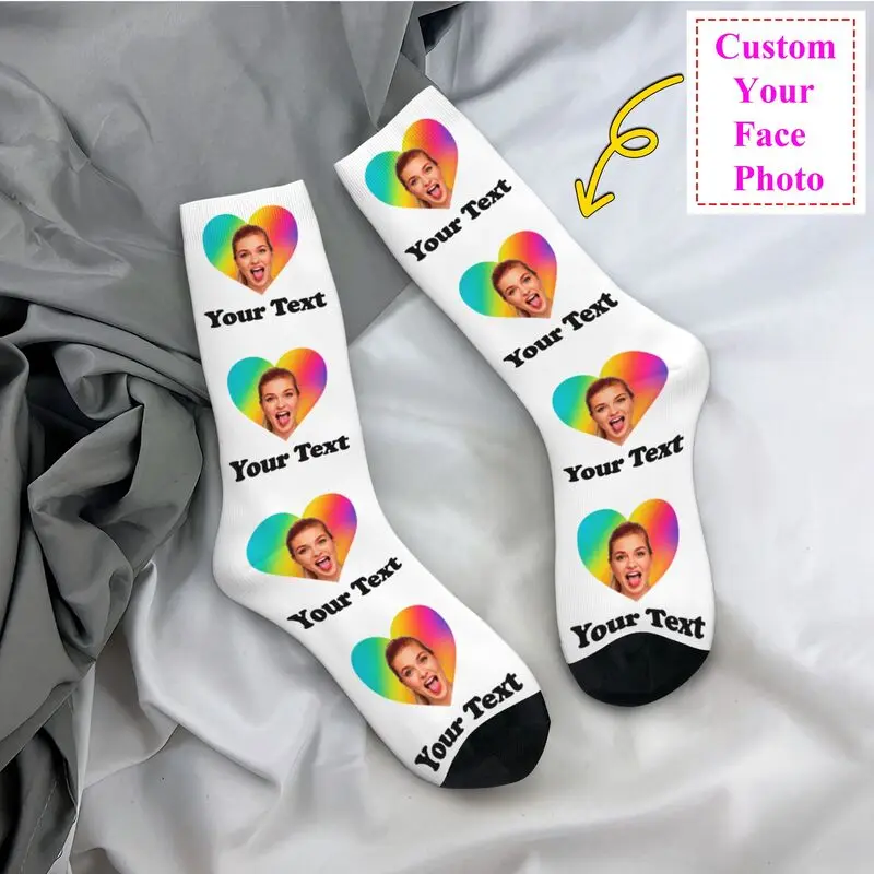 Personalized Photo Text Custom Mens Crew Socks Unisex Cool Design Your Own Spring Summer Autumn Winter Dress Socks
