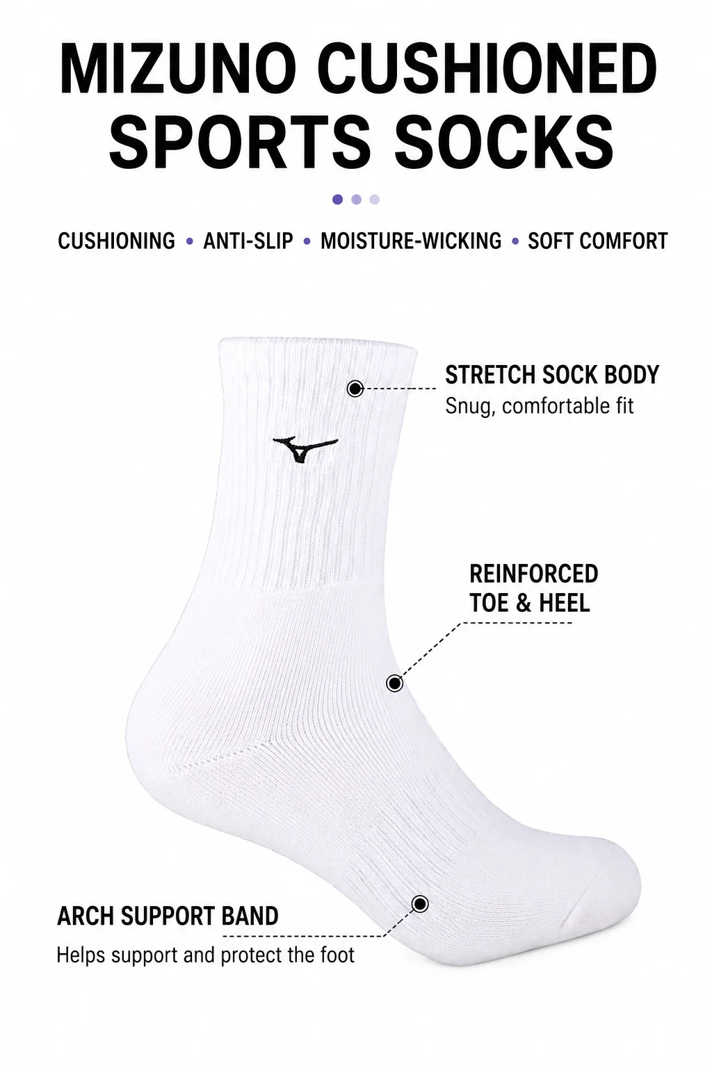 Mizuno Sports Socks Unisex Cushioned Cotton Crew Sock 3 Pairs For Golf Running Casual Wear Thick Sole Athletic Pouch Men Women