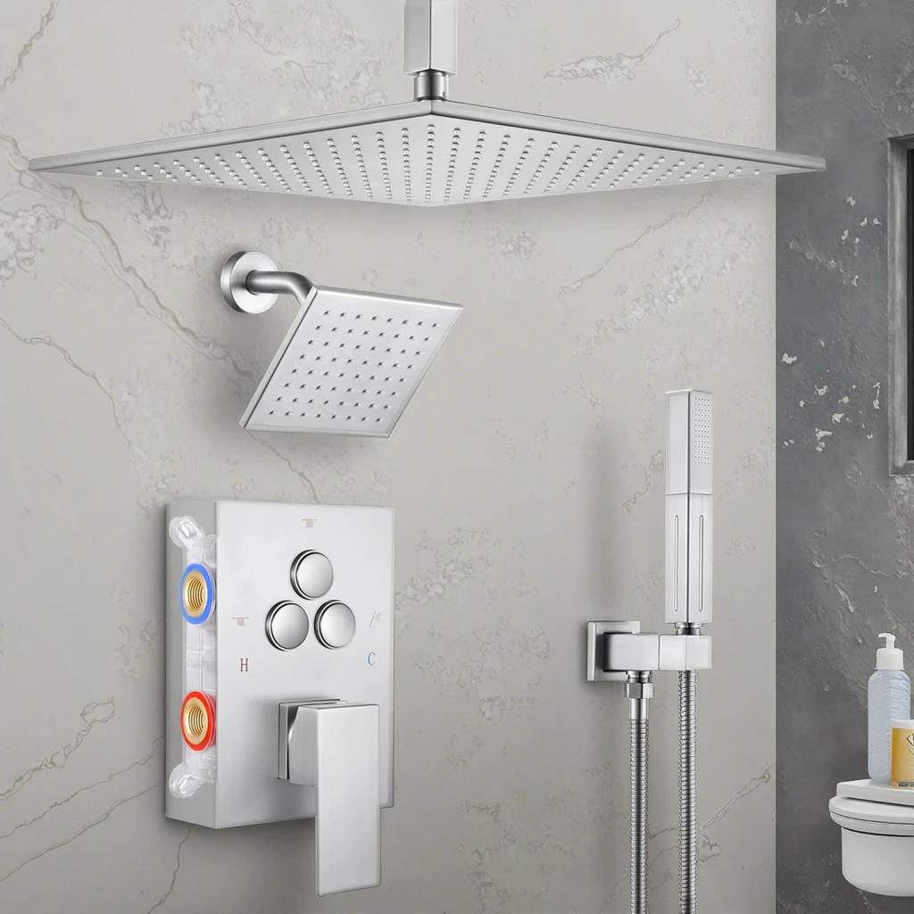 2-in-1 Stainless Steel Handheld & Wall Mount Single Handle Square Shower Head Push Button Diverter Faucet Set Rain Spray Pattern