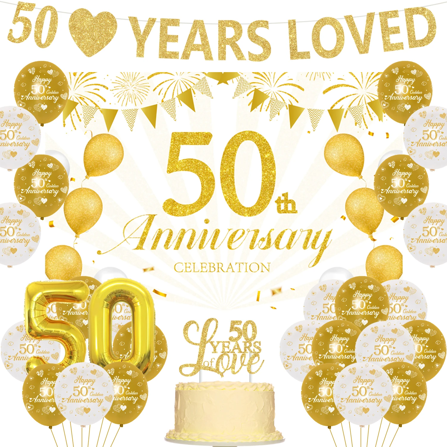 

50th Anniversary Party Decorations Golden Wedding Anniversary Decor Gold Glitter 50 Years Loved Banner Balloons Backdrop Set