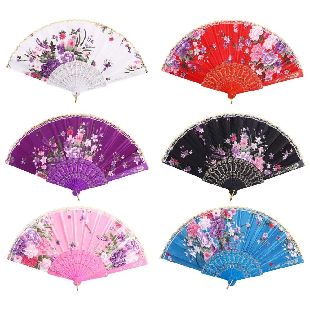 High Quality Women Pattern Hand Held Lace Silk Folding Chinese Style Hand Held Flower Fan Photo Prop Tool Dance Fan Wedding Fan