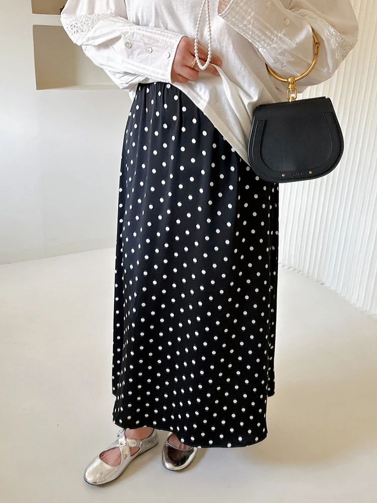 

Женская повседневная атласная юбка большого размера в горошек, А-силуэт, со средней талией, свободного кроя, на резинке, для женщин