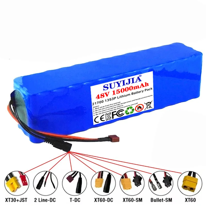 2026 48V 15Ah 13s3p 21700 lithium rechargeable battery pack 800w 900w 1000w 1200w built-in BMS protection with 54.6V 2A charger