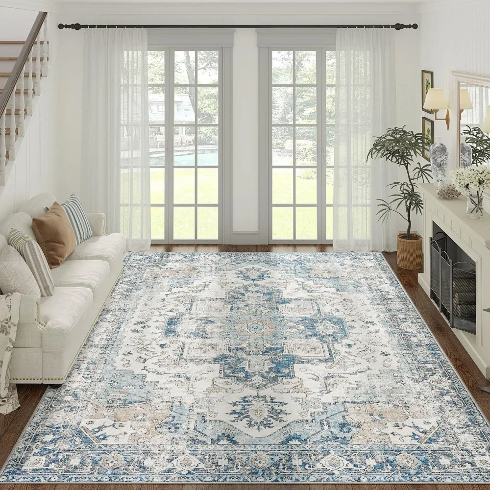 

8x10 washable carpet, indoor vintage blue carpet floor printed, collapsible lightweight non-slip