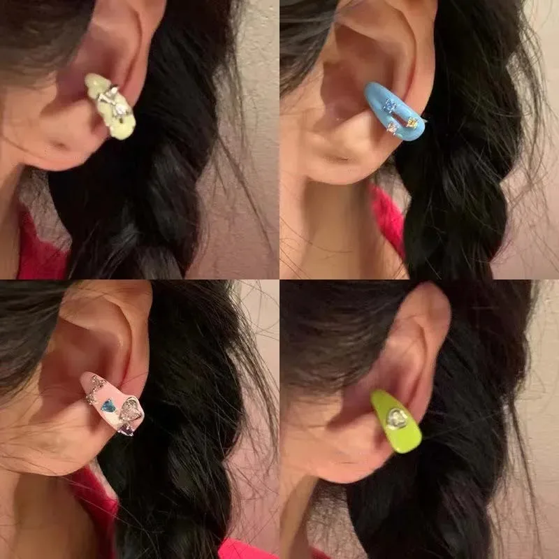 A set of 1 pair of dopamine-colored enamel earrings, without piercing design, with a zirconium heart-shaped butterfly knot clasp, Y2K trend earrings