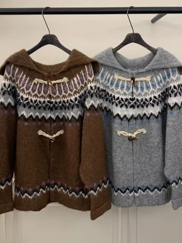 Retro Lapel Knitted Sweater Jaet Women Loose Lazy Sle Ele Open Cardigan Color Blo Floral Embroidery Casual Outerwear