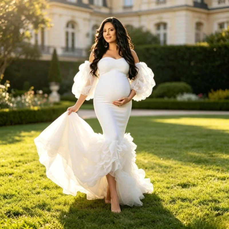 Mermaid Maternity Gown with Sweetheart Neck & Long Train – Fitted Pregnancy Dress for Baby Shower & Studio Photography view 3