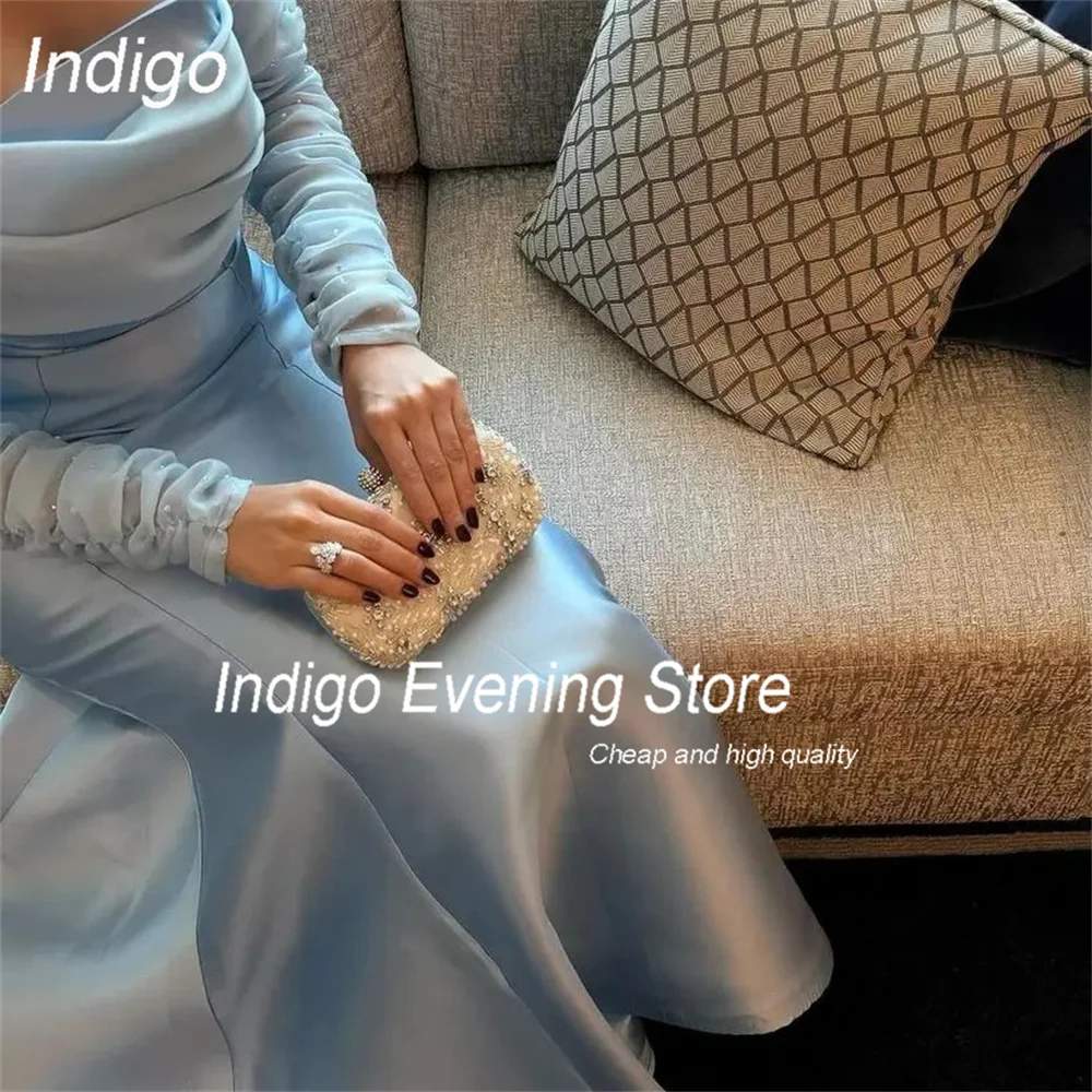 Indigo Zeemeermin Avondjurk Strapless Lange Mouwen Satijnen Plooi Open Rug Feest Gala Jurk Formele Gelegenheid Jurk فساتين السهرة ة