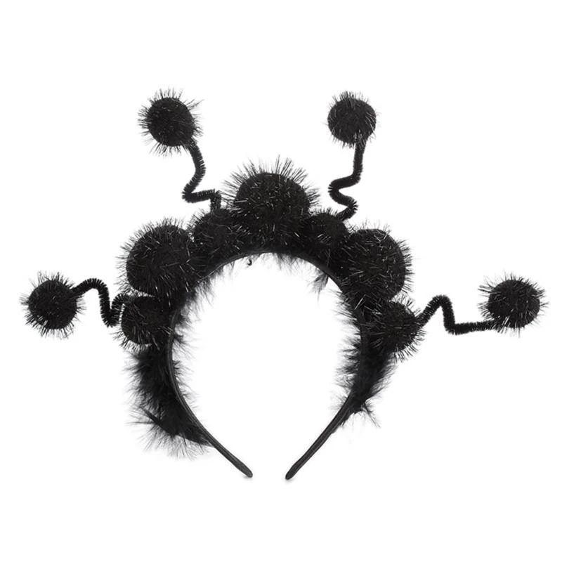 

652F Furry Halloween Devil Pompoms Headband Funny Cosplay Party Headwear Hair Hoop