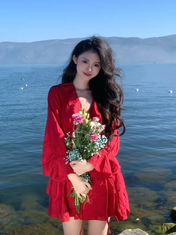 Sweet And Spicy Sle Red Two-Piece Set Beach Vaion Travel Outfit Loose Fit A-Line Skirt Elastic Waist Long Sve V-Ne